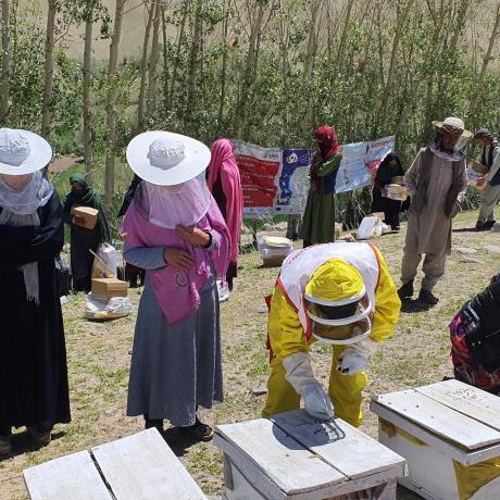 beneficiaries receiving bee keeping training